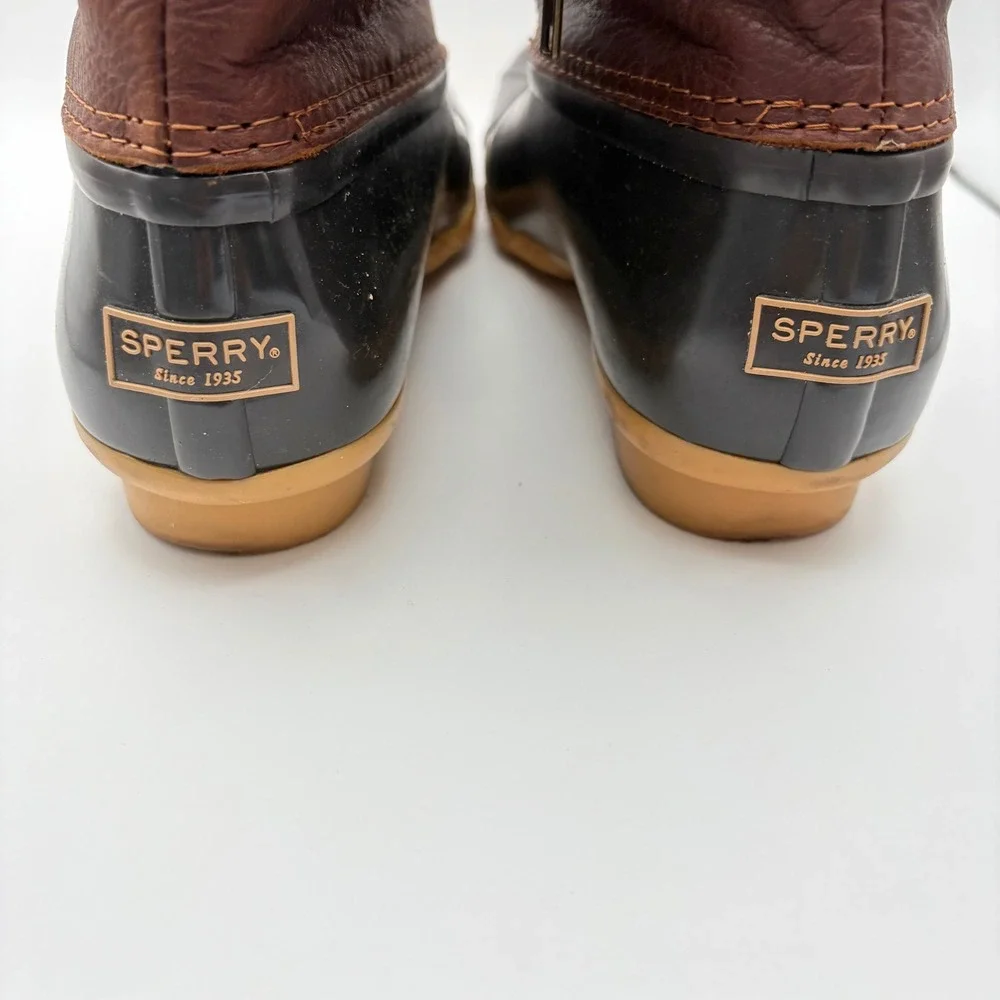 Sperry Women 8 Saltwater Duck Boots Brown Black Leather Rubber Waterproof Ankle